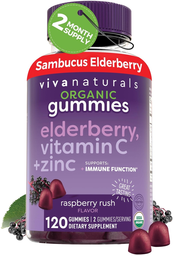 Viva Naturals Organic Sambucus Elderberry Gummies pro dospělé (120 Počet) - 3in1 Black Elderberry Vitamin C a zink Imunitní Support Gummies, Žvýkací Elderberry doplňky, Zinek Imunity Gummies