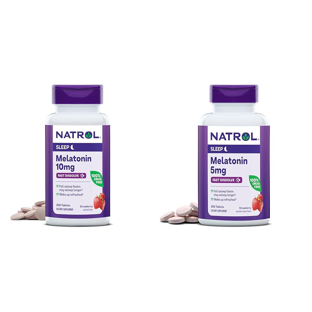 Natrol Melatonin 10mg 200 Tablety & 5mg 200 Tablety Strawberry- ochucené Fast- Disolvat Sleep Support Dietní doplněk Bundle