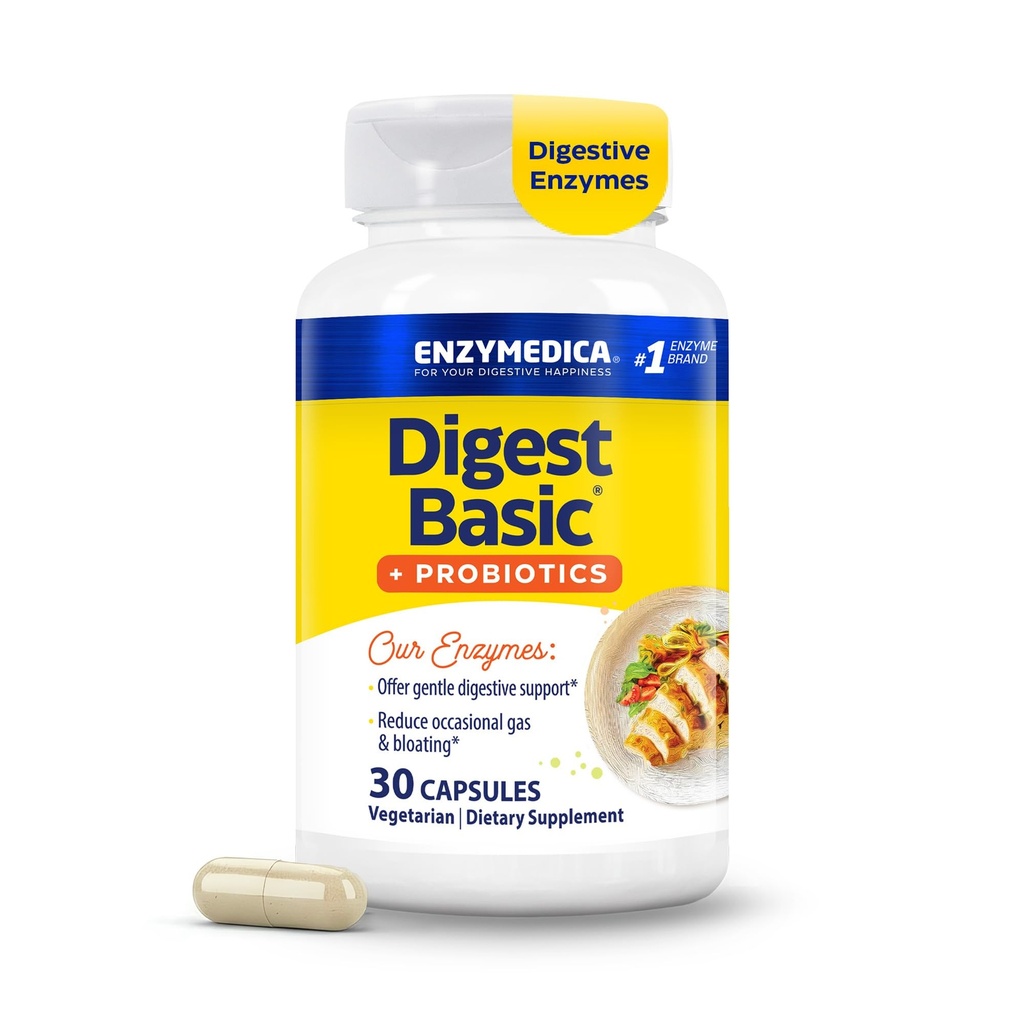 Enzymedica, Digest Basic + Probiotika, Gentle Digestive Enzymy s 400 milionů CFU Aktivní kultury na kapsli, 30 Kapsle