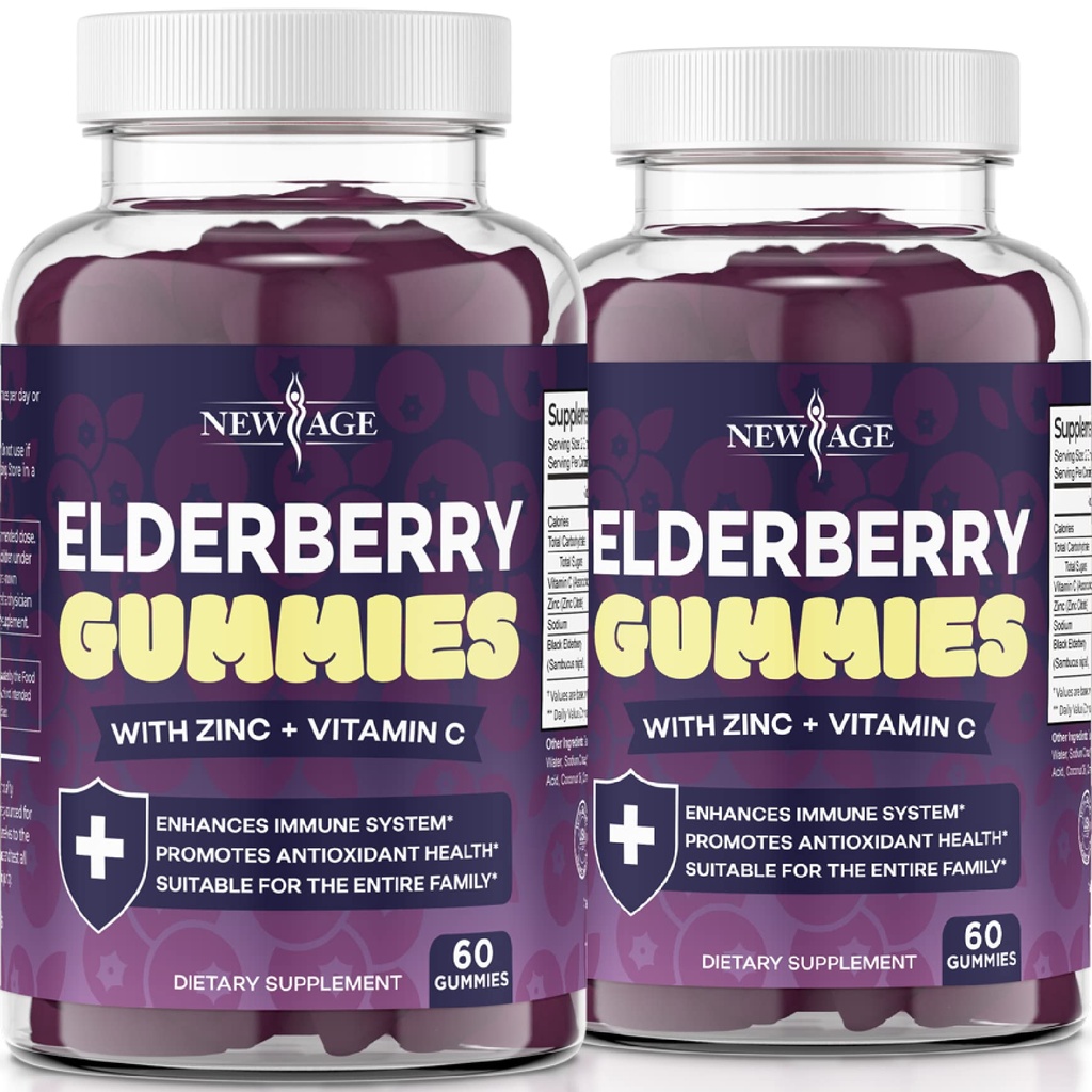 Nový věk (2-Pack) Premium Elderberry Gummies pro dospělé děti s vitamínem C, zinek, Propolis - Sambucus Black Elderberry Gummy Extract - Gluten Free & Vegetarian - 120 Gummies