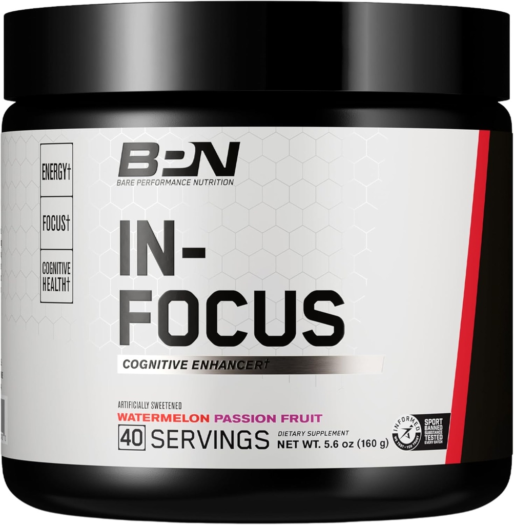 BARE VÝKONNOST VÝKONNOST, BPN in- Focus Brain Support Supplement, Zlepšit zaměření a energie, Alpha GPC, Meloun Passionfruit, 40 Služeb