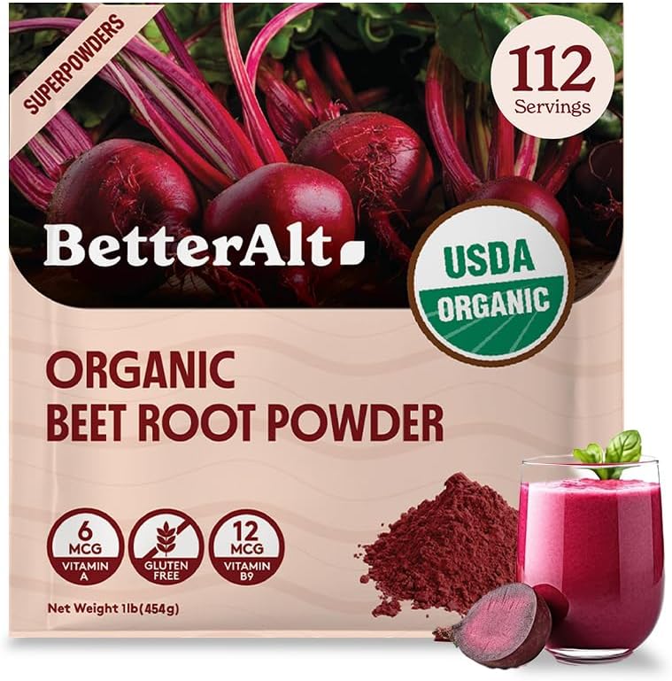 Lepší Alt Organic Beet Root Powder, USDA Certified - Doplněk oxidu dusnatého, Beet Juice Powder Superfood for Health Heart, Beetroot Supplement, Beetroot Powder - 112 Servings, 1 LB