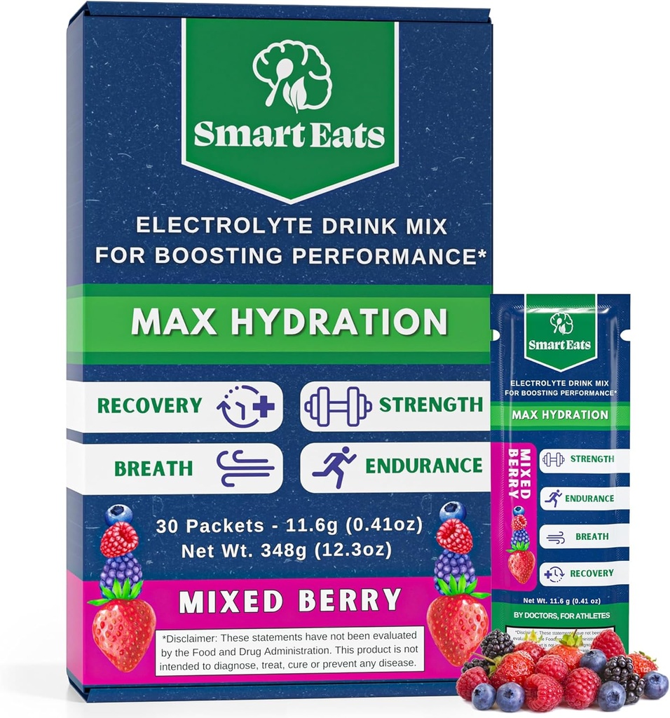 Smart Eats Electrolyte Powder - 1,690mg Electrolytes, 9 esenciální minerály & vitaminy, 5 Antioxidanty, Rapid & Energizing Hydration, Designed by Doctors, < 1 Gram Sugar, Sour Berry Flavor - 30 Packets