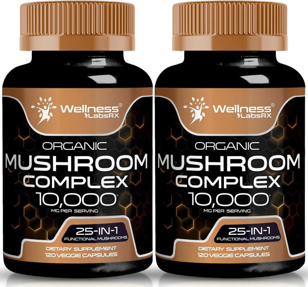 WELLNESS LABSRX Houbový doplněk Kapsle 10: 1 Extrakt, Houbový komplex Kapsle 1000mg, Lví hříva dodatek s krůtí ocas, Cordyceps, Reishi - 2 Pack