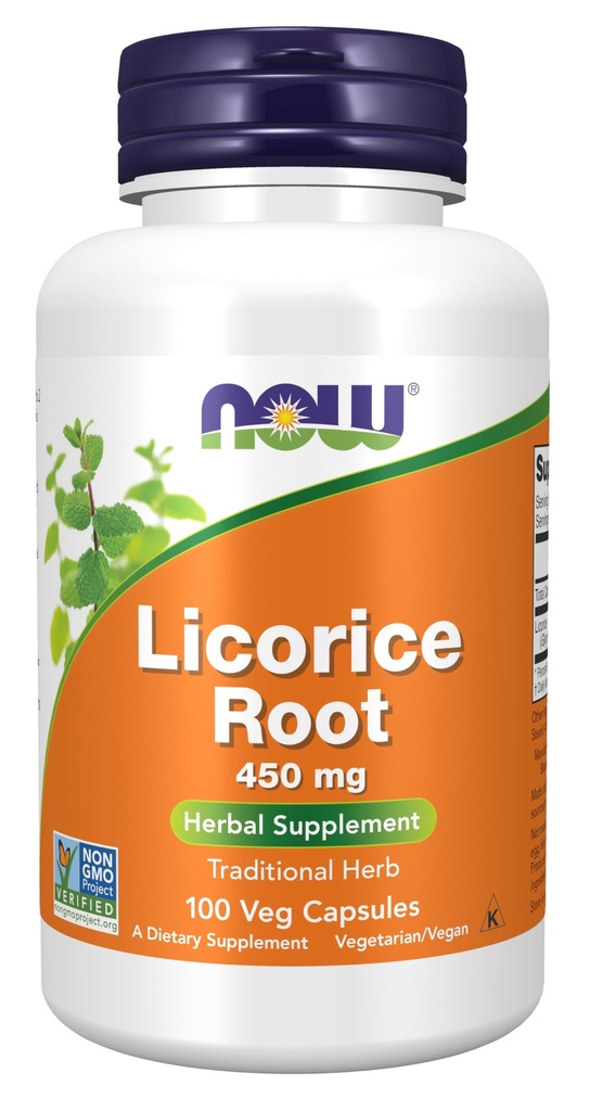 Nyní doplňky, Kořen lékořice (Glycyrrhiza glabra) 450 mg, Bylinný dodatek, 100 Veg Kapsle