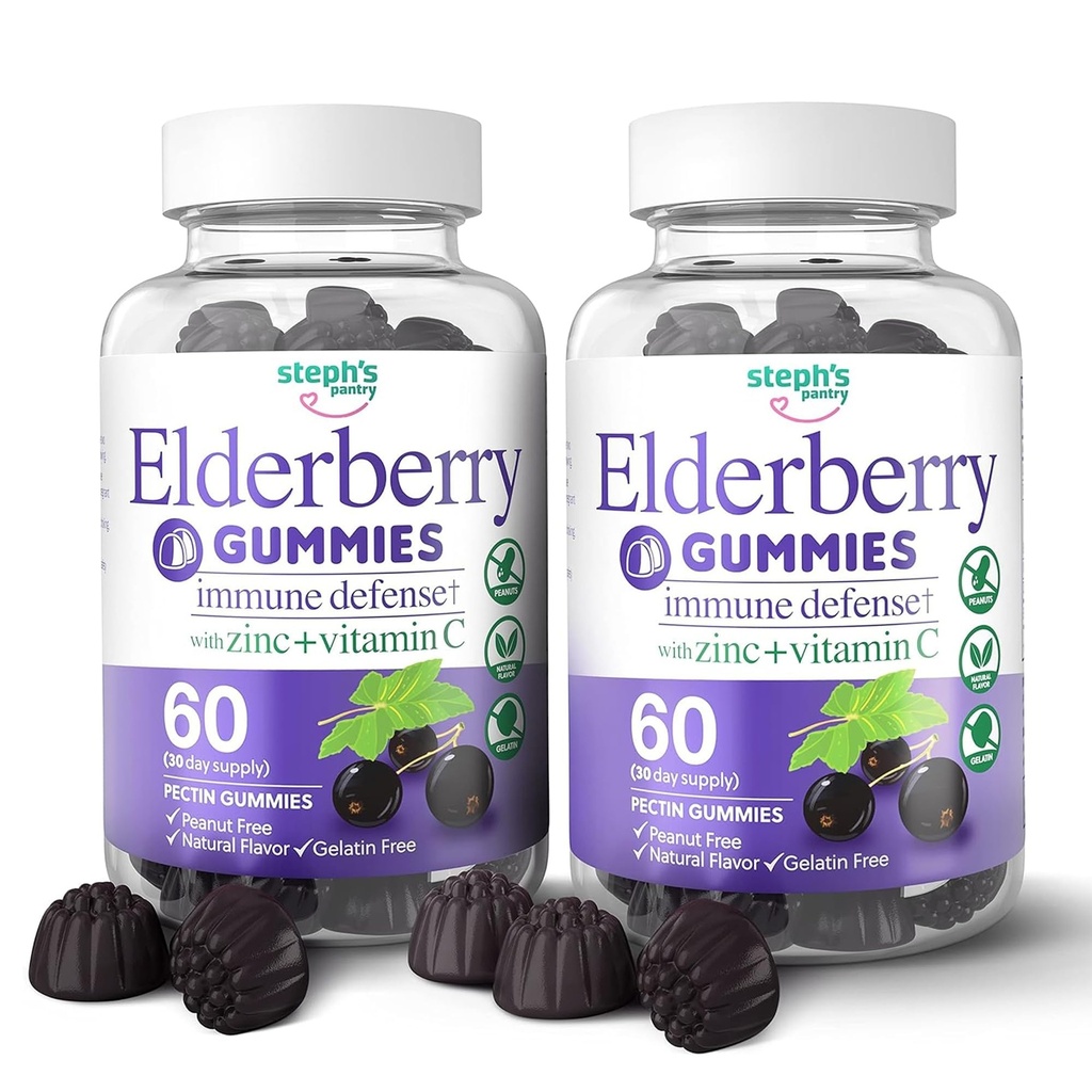 Elderberry Gummies s vitamínem C a zinkem - Imunitní Booster Elderberry Gummies pro dospělé a děti - Veganské přírodní složky obrany Multivitaminy s antioxidační podporou (120 Gummies)