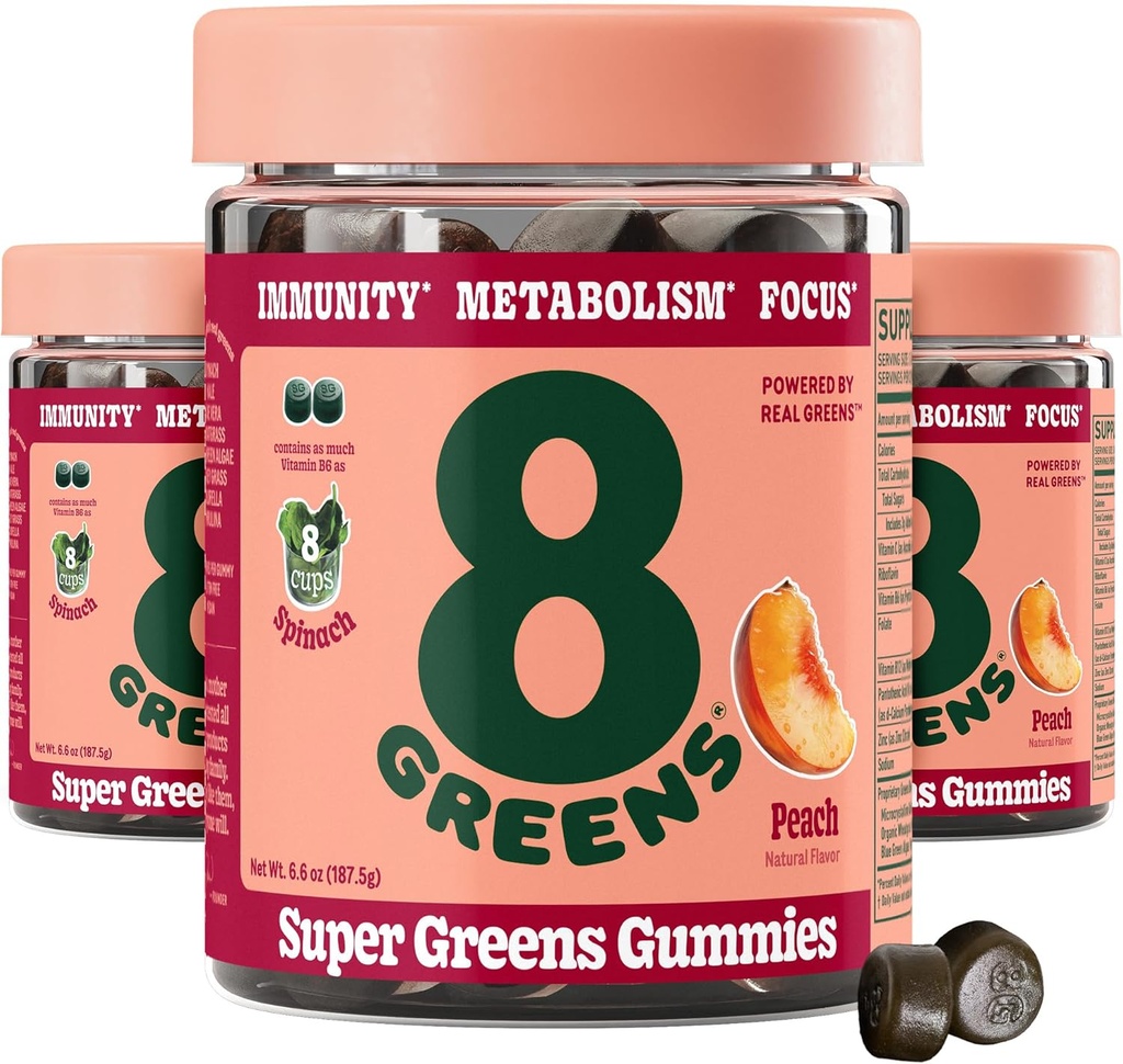 8Zelených Supergreens Gummies IR 124; Super Zelených Powder Superfood Gummy for Metabolismus, Imunita & Focus, Digestive Health Enzymes, Organic: Chlorella, Spirulina, Aloe Vera, Peach Flavor, 150 Počet
