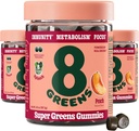8Zelených Supergreens Gummies IR 124; Super Zelených Powder Superfood Gummy for Metabolismus, Imunita & Focus, Digestive Health Enzymes, Organic: Chlorella, Spirulina, Aloe Vera, Peach Flavor, 150 Počet