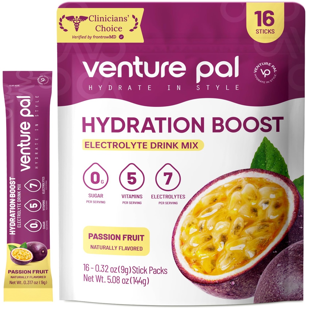 Venture Pal Sugar Free Electrolyte Powder Packets - Liquid Daily IV Drink Mix for Rapid Hydration & Party Recovery 124; 5 Vitamíny & 7 Electrolytes 124; Keto Friendly French 124; Non- GMO French 124; Certified Vegan French 124; 16 Sticks