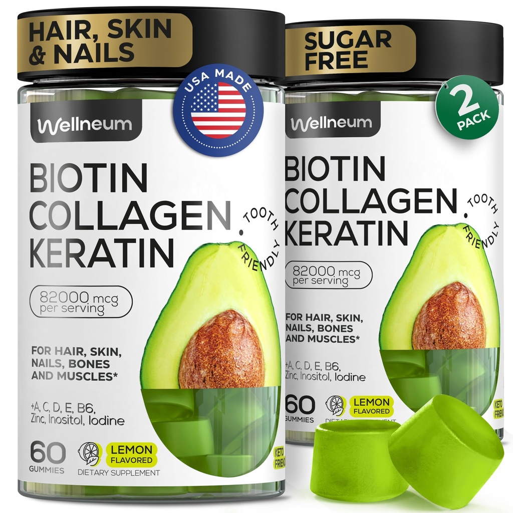 Biotin a kolagen Peptid gumy pro růst vlasů, kůže a nehty 120 Pcs (2 balení) - 82000 Mcg - Biotin Chewables s Keratin Max síla - Krása gumy pro ženy a muže - Cukr zdarma, Non- GMO