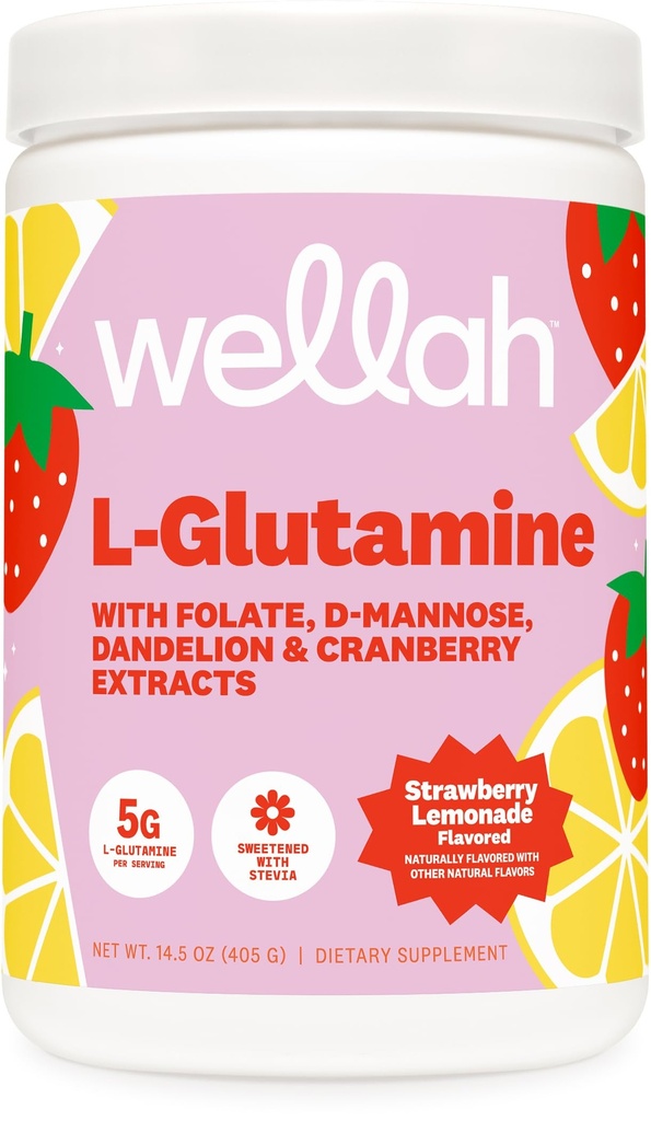 Wellah L-glutamin Jahodové citronády ochucené (50 Služeb) - 5g L-glutamin Per Serving, slazené se Stevia