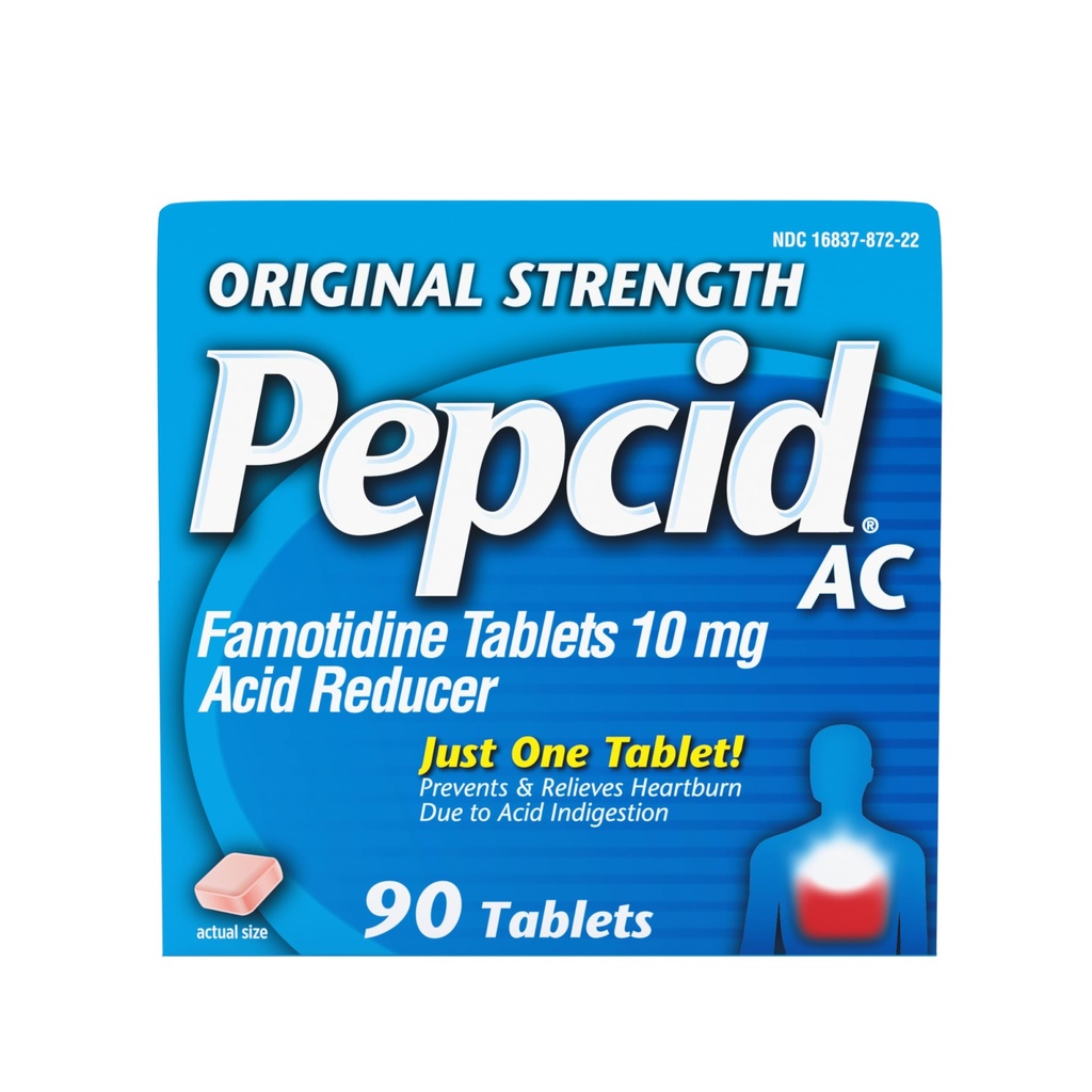 Pepcid AC Original Strength Heartburn Relief Tablety, OTC medicína Prevents & Relieves Heartburn Vzhledem k kyselé otravě a zápachu žaludku, 10mg Famotidin Acid Reducer, Fast- acting, 90 ct