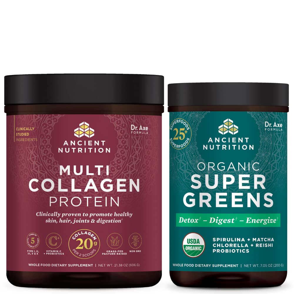 Starověké výživy Multi kolagen protein prášek, neochucené, 60 Servings + Supergreens Powder, Green Flavor, 25 Servings
