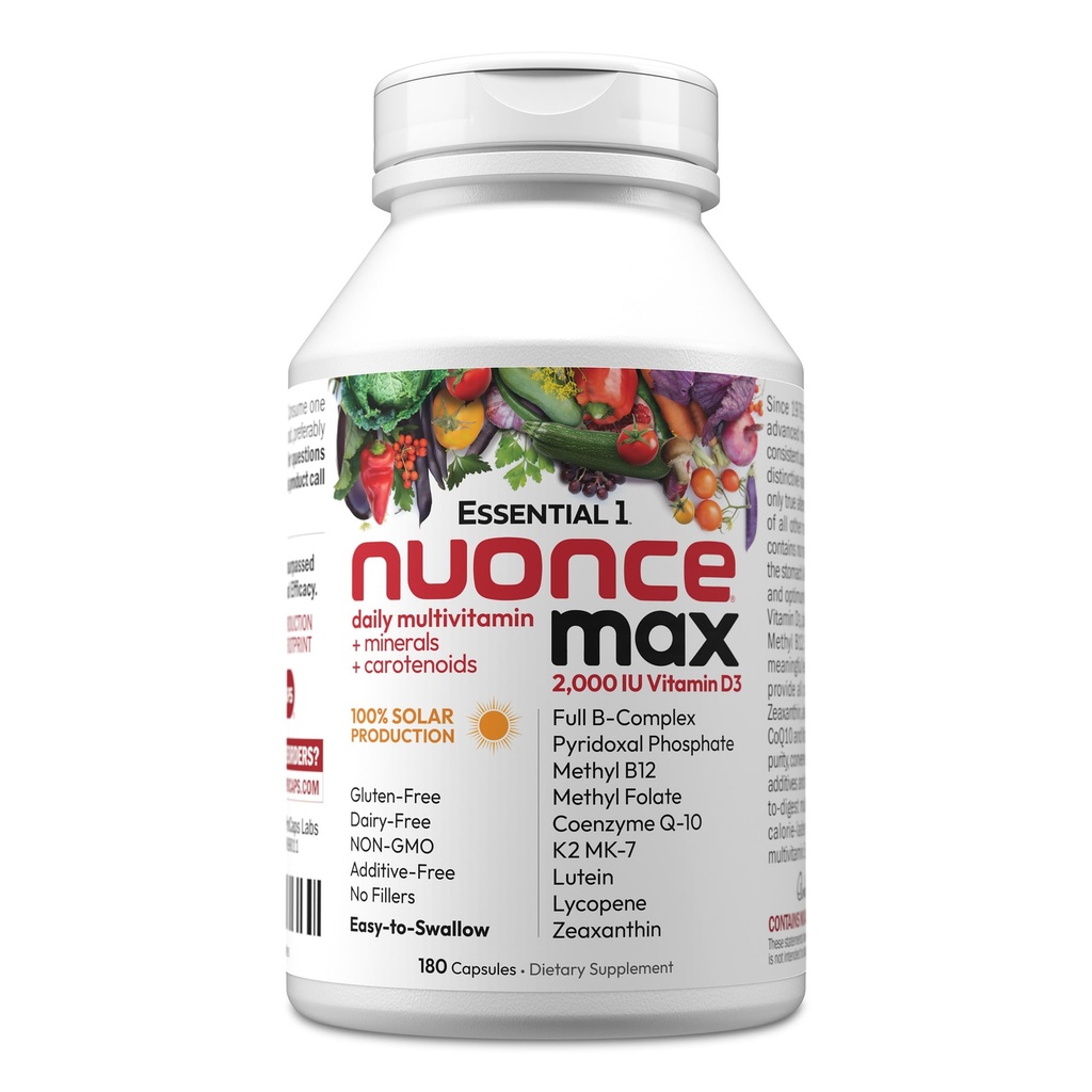 ANDREW LESSMAN Essential-1 nuononce max Multivitamin 2000 IU Vitamin D3 180 Malé kapsle. 100 mcg methyl B12. CoQ10 Lutein Lycopene Zeaxanthin. High Potency. Žádné přísady. Ultra- mírná jedna denní tobolka