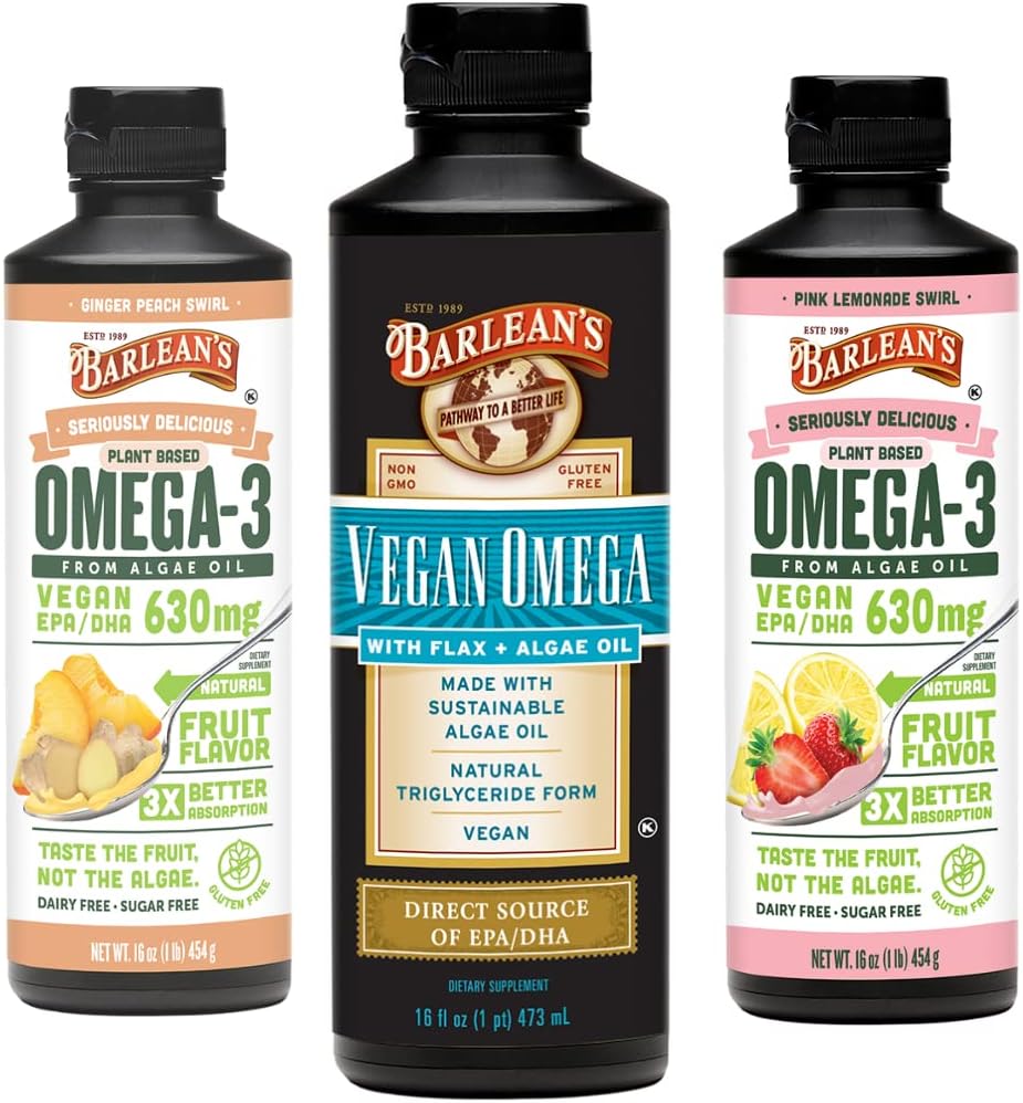 Barlean 's Vegan Omega 3 Řasy olej tekutý dodatek Bundle, zahrnuje Flaxseed a Řasy olejová směs, Ginger Peach, a růžové limonády, EPA a DHA mastné kyseliny