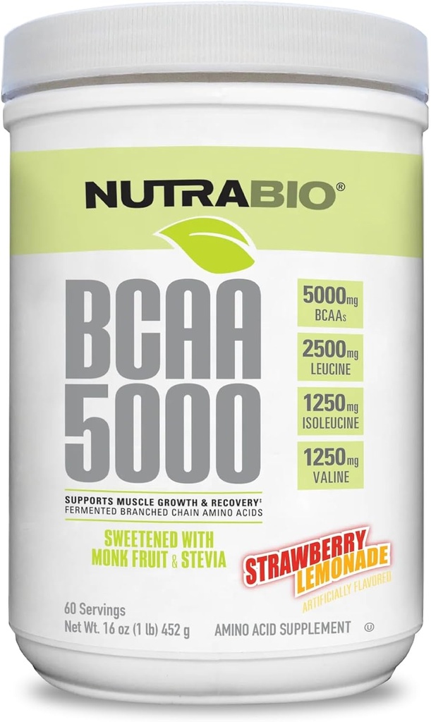 NutraBio BCAA 5000 Powder - fermentované aminokyseliny s rozvětveným řetězcem pro růst a obnovu svalů - Přírodní aromata, sladkosti, a zbarvení, Vegan, gluten zdarma - Jahodová limetka, 60 Služeb