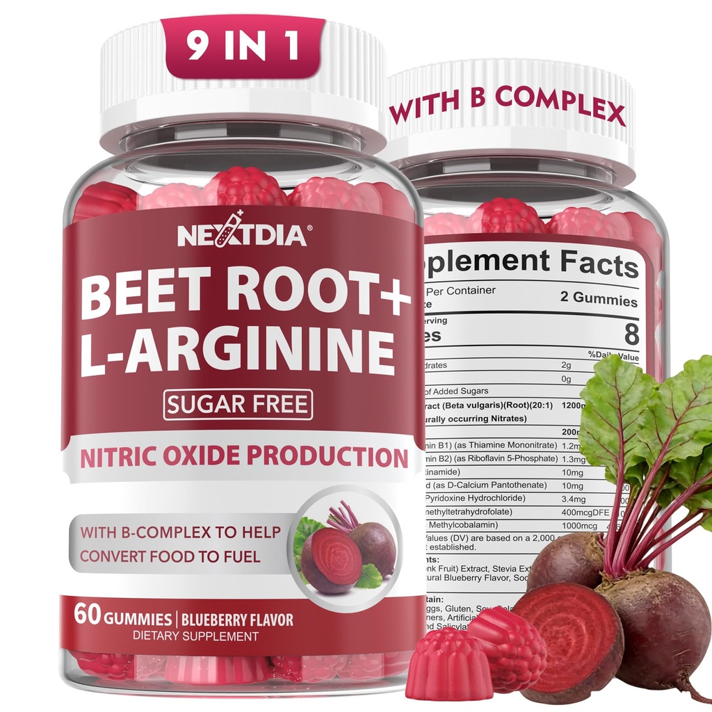 Řepné kořenové gumy & L- arginin, oxid dusnatý doplňky pro muže a ženy w / Organic Beets, B1, B2, B3, B5, B6, Folát, B12 pro energetický boost a podporu cirkulace, cukr zdarma, 120 Cts
