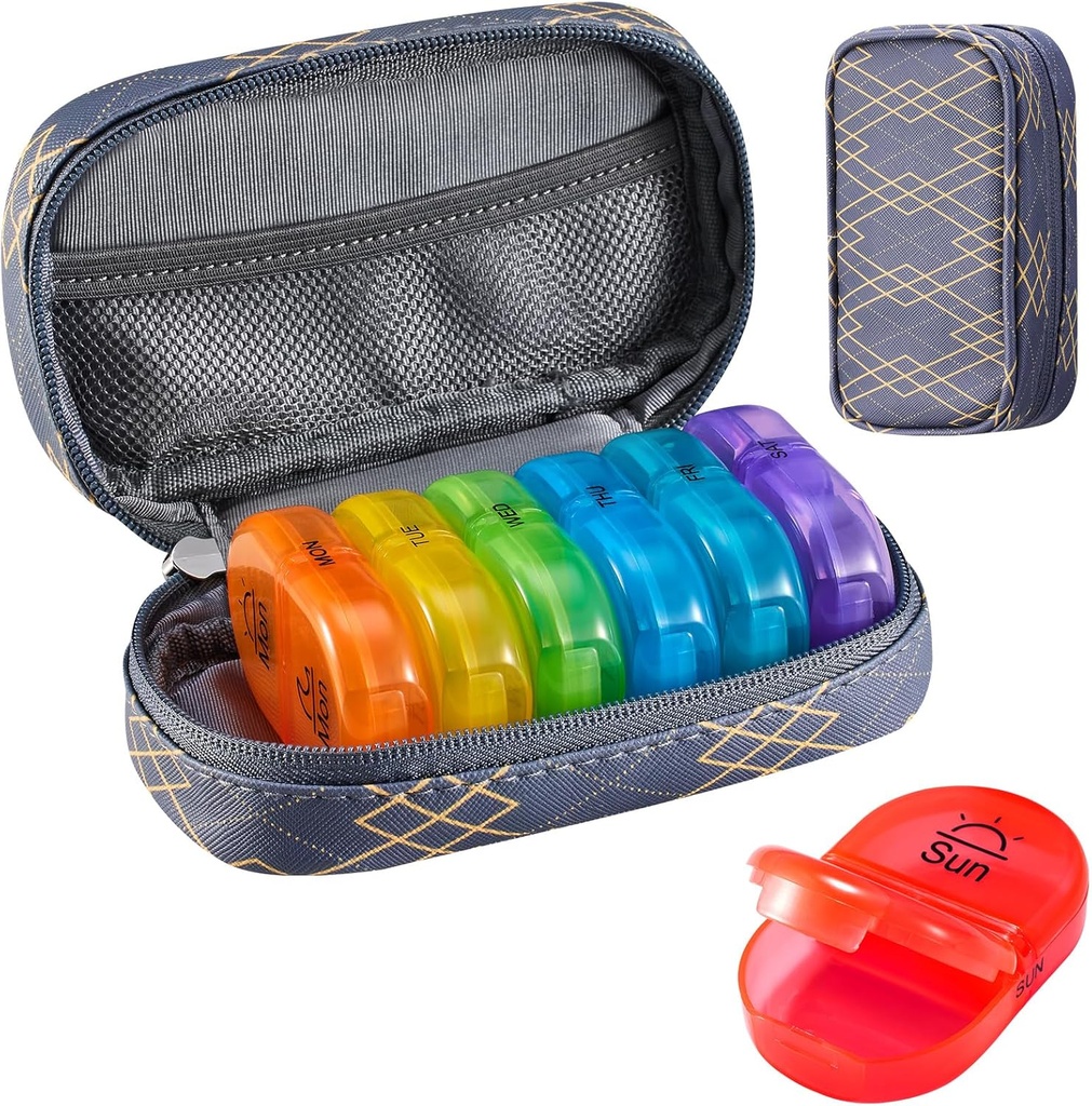 Serfeymi Weekly Travel Pill Organizér 2 Times A Day PM Upgraded Rainbow Pill Box 7 Day with Portable Zipper PU Leather Pill Case, Medicine Organizer for Pills, Vitamíny, Rybí oleje - Lines 01