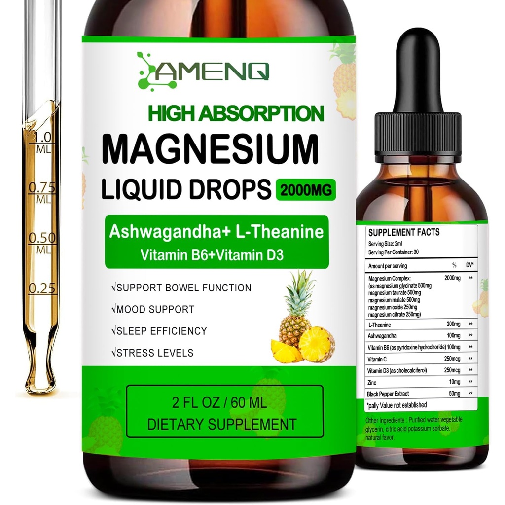 Tekutý doplněk hořčíku, Organic 5-in-1 Magnesium Komplex Kapky Glycinát, Taurát, Oxid, Malate, Citrát w / L-Theanine, Ashwagandha pro Cortisol, Sleep *, Stres, Svalovina,
