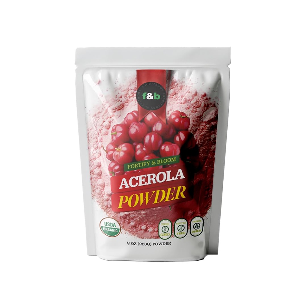 f & b superfoods Pure Organic Acerola Cherry Food Sured (8oz), Organic Vitamin C Powder for Imunitary System Booster, Smoothie, Cherry Juice, Acerola Vitamin c Bulk Powder, Brazílie Původ.