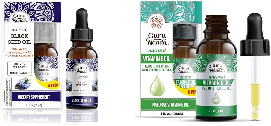Gurunanda Black Seed Oil, Cold- Pressed Nigella Sativa - Bohatý na vitamín D3 5000 jednotek, K2 & E & Vitamin E Oil (2 Fl Oz) - 100% čistý & přírodní, 15 000 IU na láhev pro kůži, vlasy, obličej