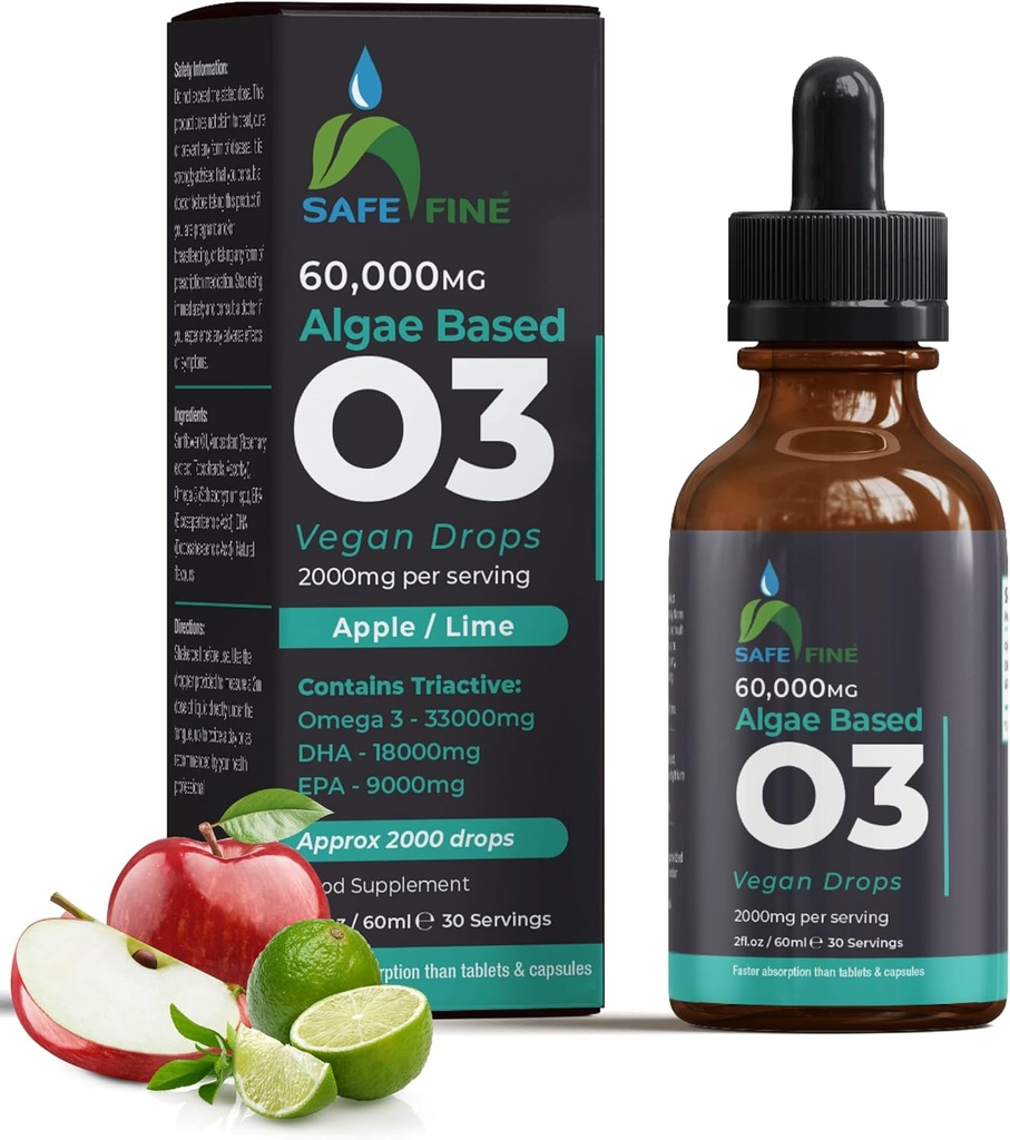 Omega 3 Liquid Vegan Drops - DHA & EPA z Řasy Olej - 60 ml Kapátko Lahvička - 2000 mg na servírování - Podporuje celkové tělo Wellness doplněk pro celou rodinu