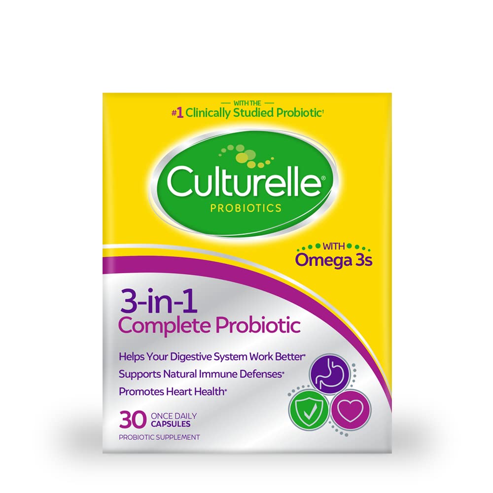 Culturelle 3-in-1 Kompletní Probiotická denní vzorec, Jednou za den Probiotický dodatek, Pomáhá váš trávicí systém pracovat lépe, podporuje přírodní imunitní defenze, Plus Omega 3 je, Non- GMO, 30 Počet