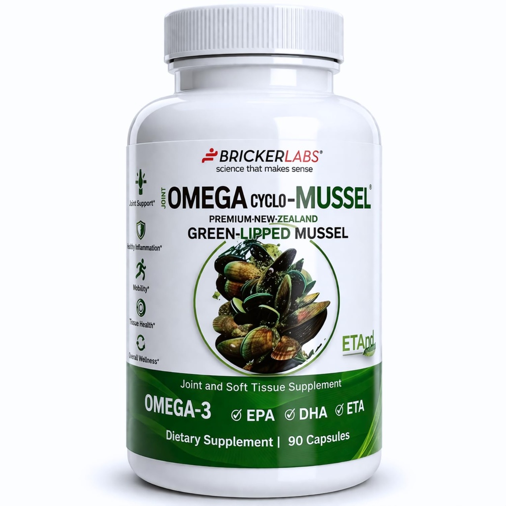 Bricker Labs Omega Cyclo - Mussel Joint Health Supplement, Premium New Zealand Green Lipped Mussel, Full Spectrum Omega Společné doplňky pro společné zdraví a pohodlí, 90 Kapsle