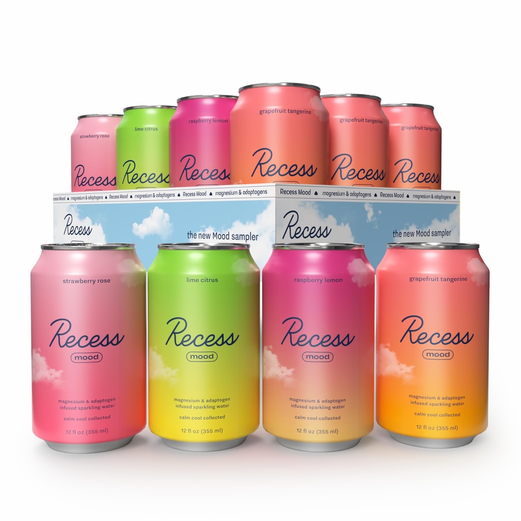 Recess Mood Magnesium & Adaptogen Drink, Relaxační nápoje, 12 Ounce (Variety Pack, 12 Pack)