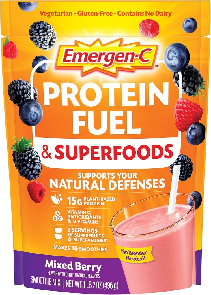 Emergen- C protein Powder Fuel & Superfood (16 Servings, Mixed Berry Flavor) Plant- based & Vegetarian Shake Mix s organickými Superfoods, Vitamin C & Ostatní antioxidanty