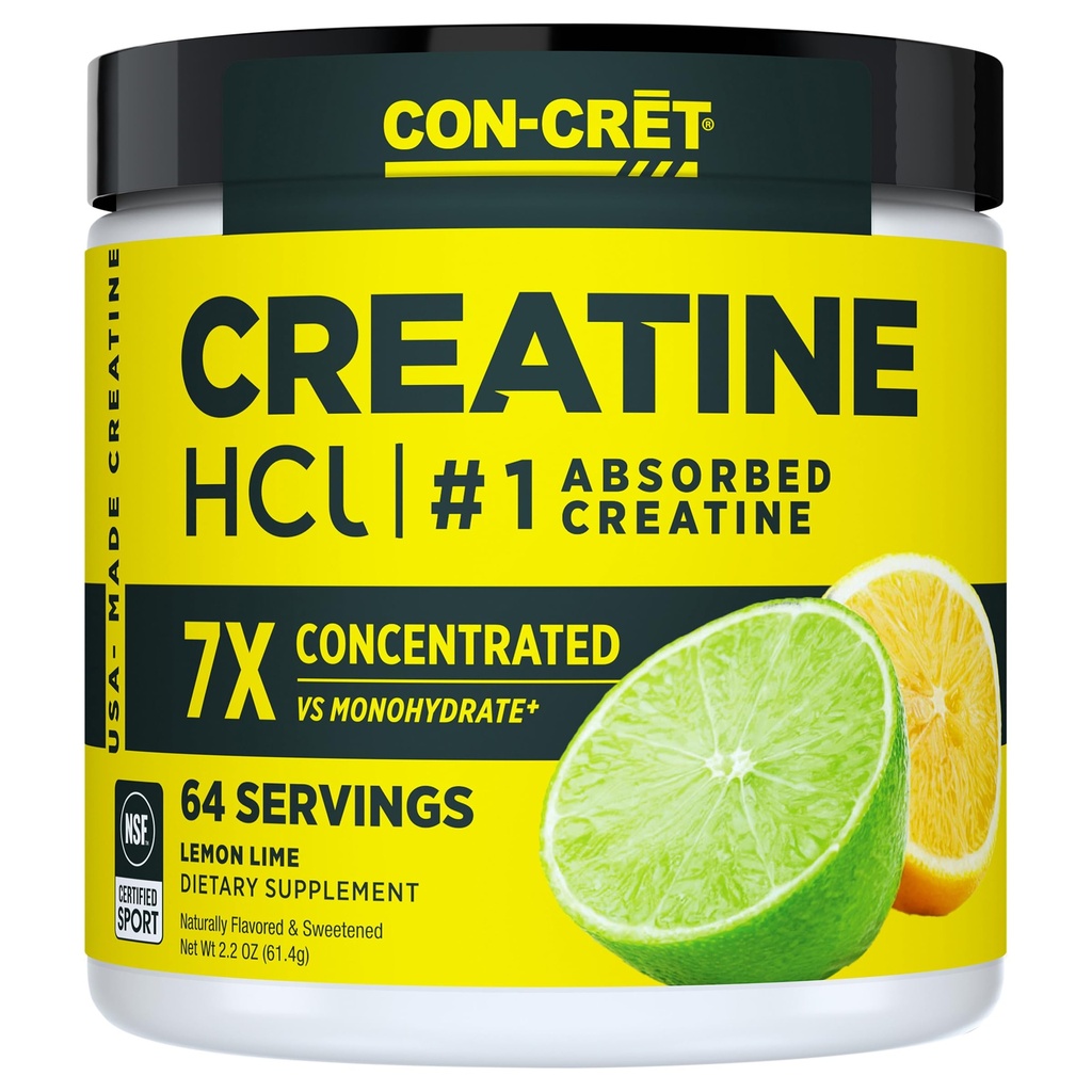 CON-CRET Creatine HCl Powder 124; Muscle, Cognitive, Cellular Energy Support CLAN124; No Bloating or Cramps CLAN124; USA Made & NSF Certified CLAN124; Lemon Lime (64 Serving)
