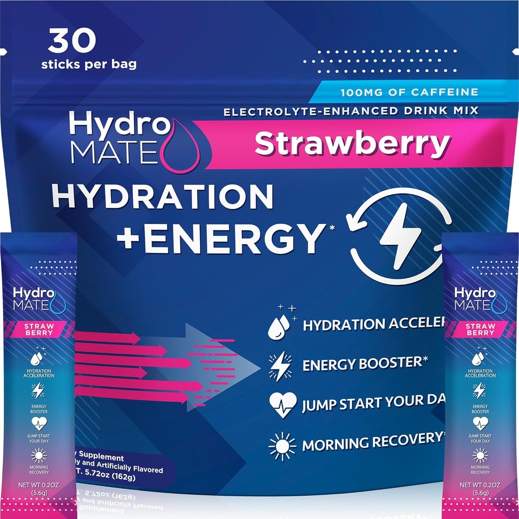 HydroMATE Electrolytes Powder Drink Mix Packets Hydratační urychlovač Nízký cukr Rapid Party Relief Recovery Vitamin C Plus kofeinové jahody 30 Počet