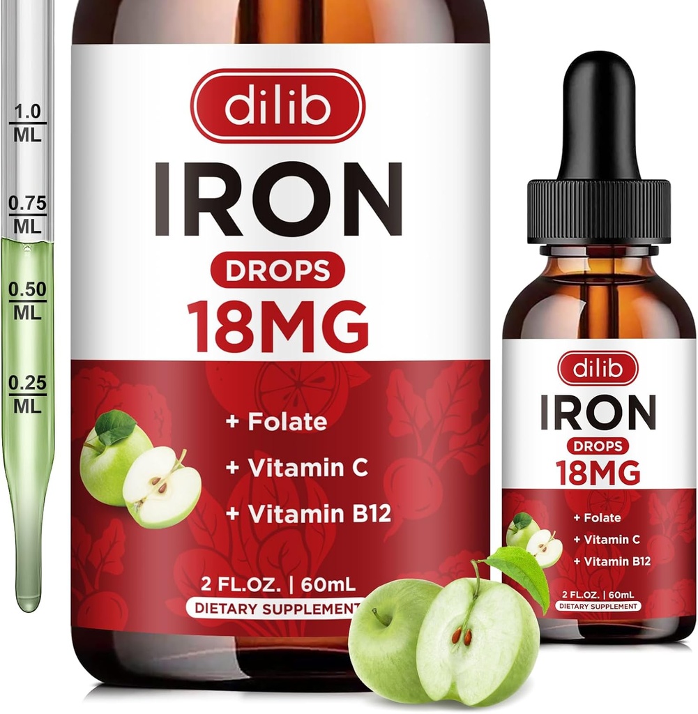 Liquid železo Dodatek pro ženy a muže Železné Kapky Železné doplňky pro anémie s folátem, Vitamin C, B12 pro červené krvinky Support- Green Apple Flavor, 2 Fl Oz