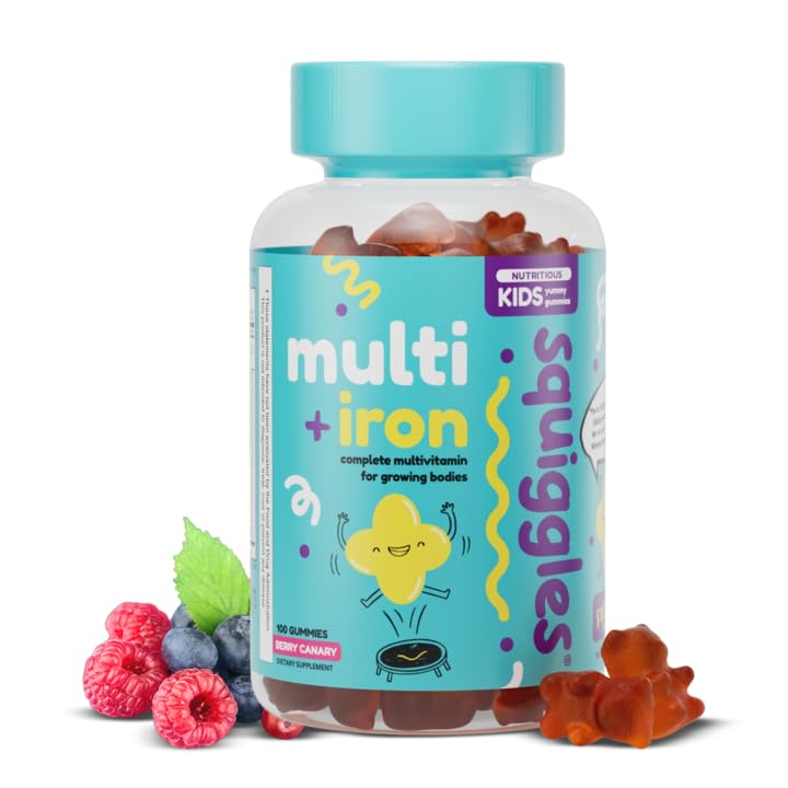 Squiggles Kids Multivitamin + Železné gumy - Nízký cukr Gummy Vitamíny se železnými doplňky pro děti - Široké spektrum vitamínů a minerálů, Chewy, Yummy Berry Flavor (100 Počet)