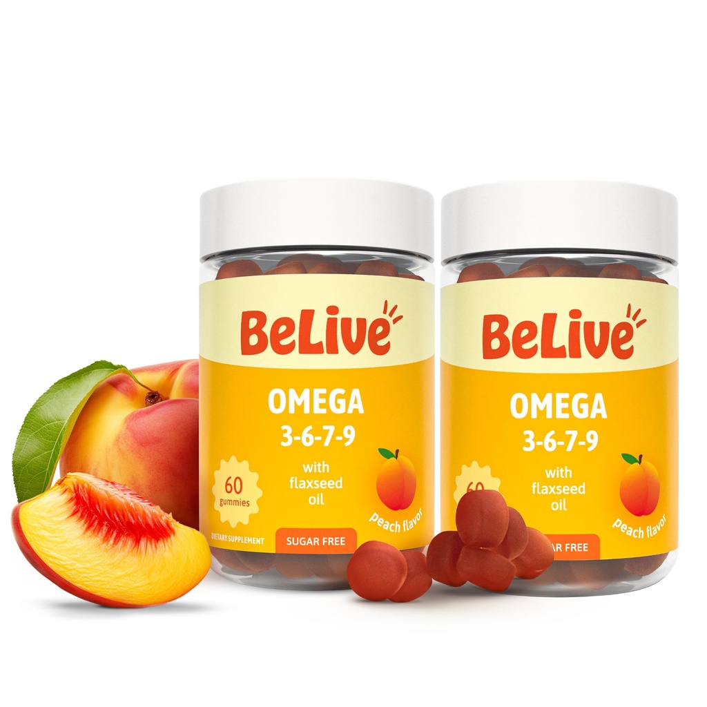 BeLive Organic Omega 3 Gummies - Omega 3 6 9 7 DHA & EPA z Flaxseed Oil & Sea Buckthorn Fruit Oil, Vegan, pro děti a dospělé, Full Body, Brain & Eye Support, Sugar Free - Peach Fruit 124; 2- Pack