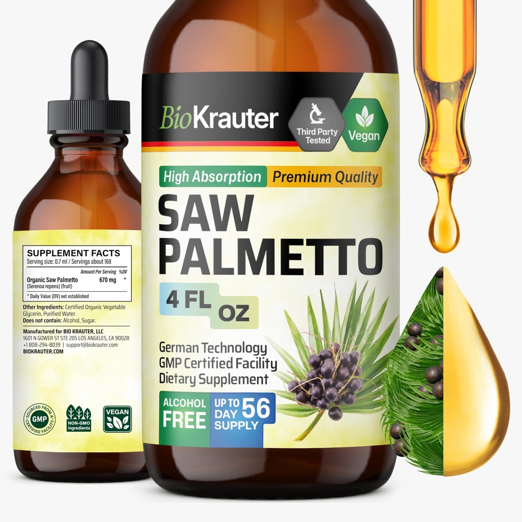 BIO KRAUTER Saw Palmetto Extract - Vegan Saw Palmetto pro muže a ženy - Podpora močení - Alkohol & cukr zdarma - 4 Fl.Oz.