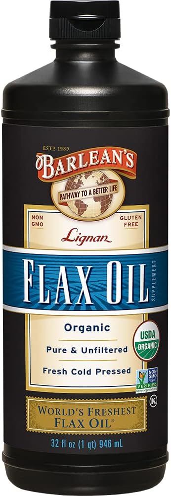 Barlean 's Organic Lignan Omega 3 Flaxseed Oil Liquid Supplement for Men and Women, Cold Press Flax Seeds, 7230mg ALA Fatty Acid, Vegan and Gluten Free, 32 oz