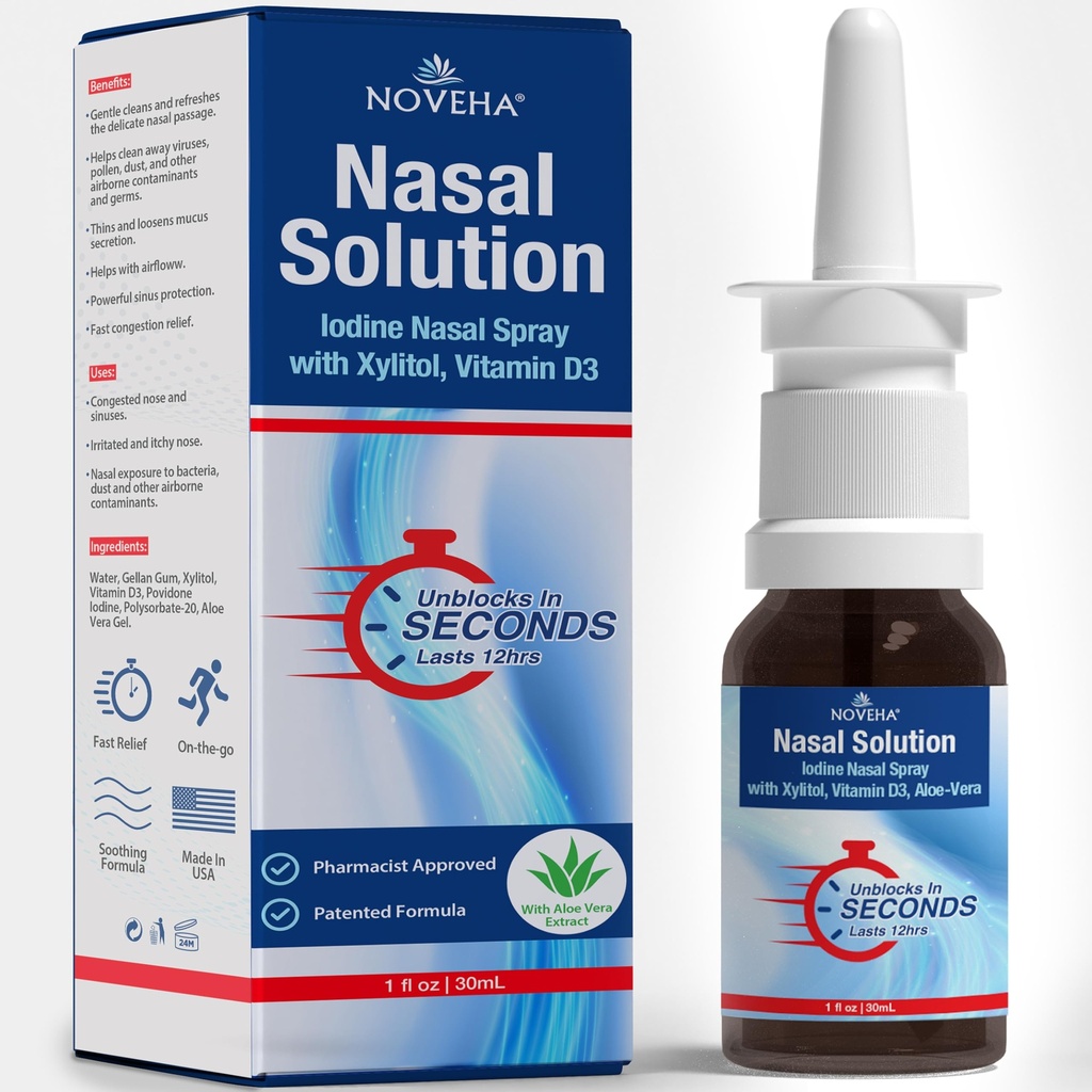 NOVEHA Nasal Spray- 1% Povidone- jódový sprej, vitamin D3, Aloe- Vera - Nasal Cleanser (30ml)