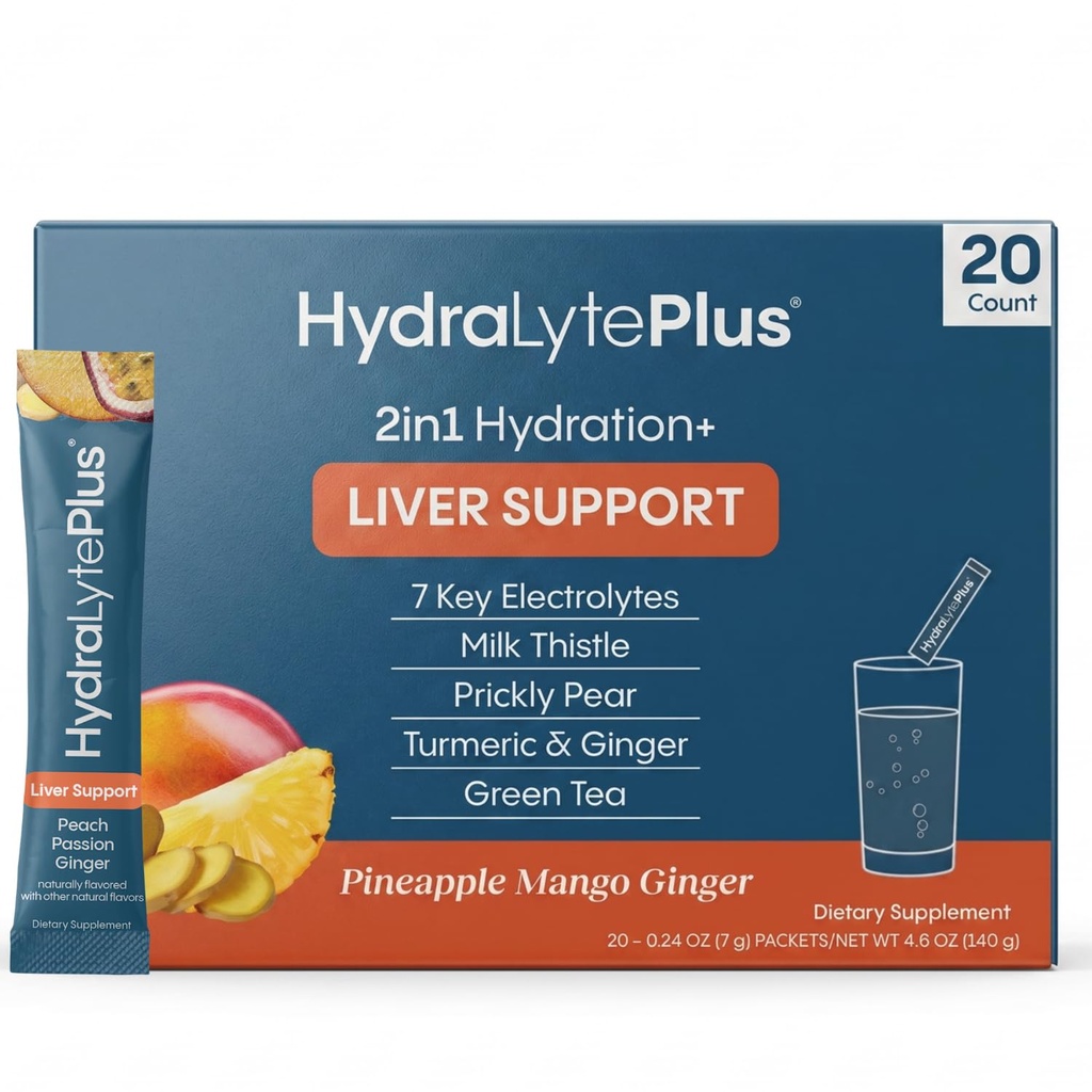 Hydralytová jaterní podpora + Electrolyte Mix s mléčným bodlákem, kurkuma, zázvor, zrnitá hruška, zelený čaj extrakt připravený pro rychlou rehydrataci (ananasový mangový zázvor, 20 Packets)