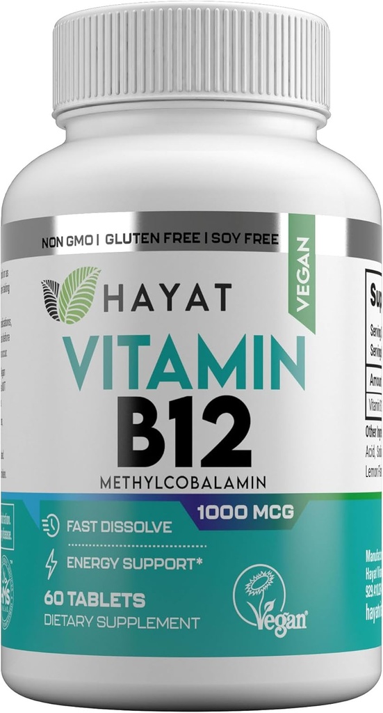 HAYAT Vitamíny Vegan Natural Vitamin B12 1000 MCG, Dietní dodatek pro podporu metabolismu energie, 2 měsíce dodávky, Všechny přírodní, Certified Halal, 60 Tablet, Made in USA