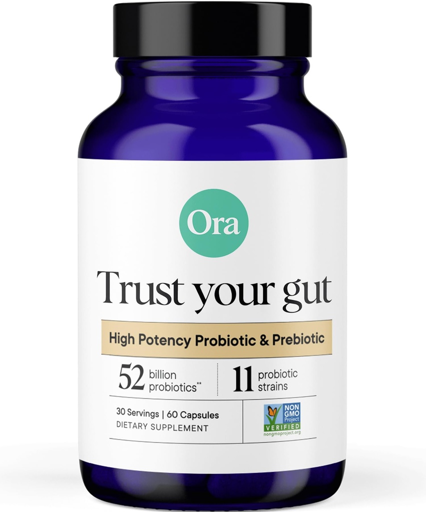 Ora Organic Probiotics with Prebiotics - 52 Miliardy CFU 11 Klinicky studované proužky pro stravitelné zdraví, Důvěra Gut, Gluten Free, 60 Kapsle