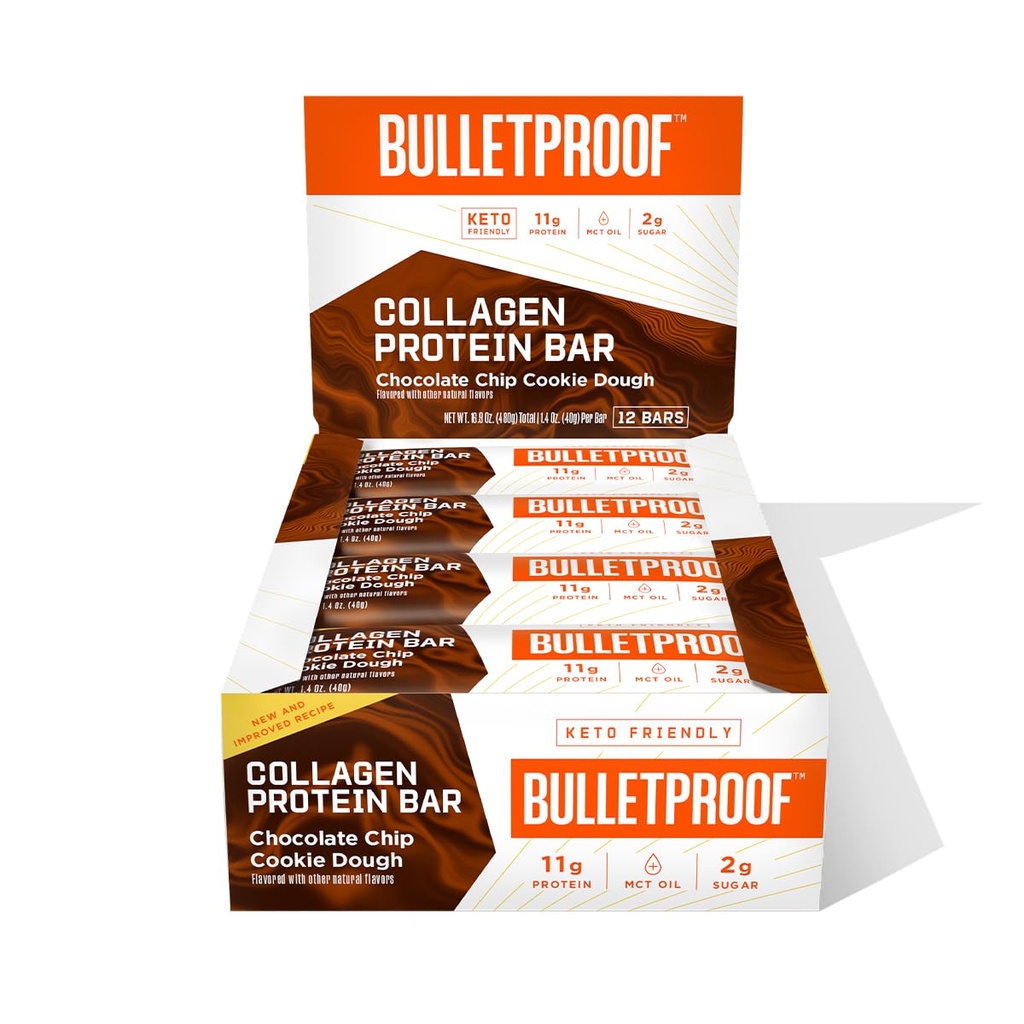 Neprůstřelná čokoláda Chip Cookie Dough Kolagen Protein Bary, balení 12, Keto- Friendly Snack s MCT Oil, Grass- feed kolagen, bez přidaného cukru