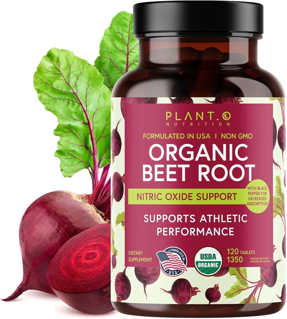 USDA Plant.O Premium Organic Beet Root Tablety [1350mg Beets Powder] s Black Pepper pro Extra Absorpce - Dodatek k oxidu dusnatému