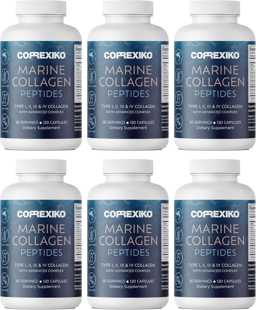 CORREXIKO Marine Collagen Supplement Pills - 1800mg Hydrolyzované kolagen Peptidy per Serving with Added Hyaluronic Acid, Vitamin C & Minerály - pro vlasy, kůži a nehty - 720 Kapsle 6 Měsíční dodávky