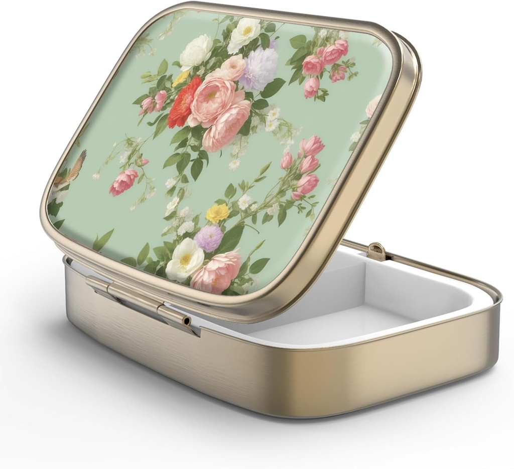 Pouzdro Pouzdro na plotýnky se zrcadlem Retro 2 Kompartment Small Pill Pouzdro na Purse nebo Kapsle Bronze Obdélníkové Pill Box nebo Vitaminy, Rybí olej, doplňky, Pill Containe Cestovní dárky Retro Green Floral