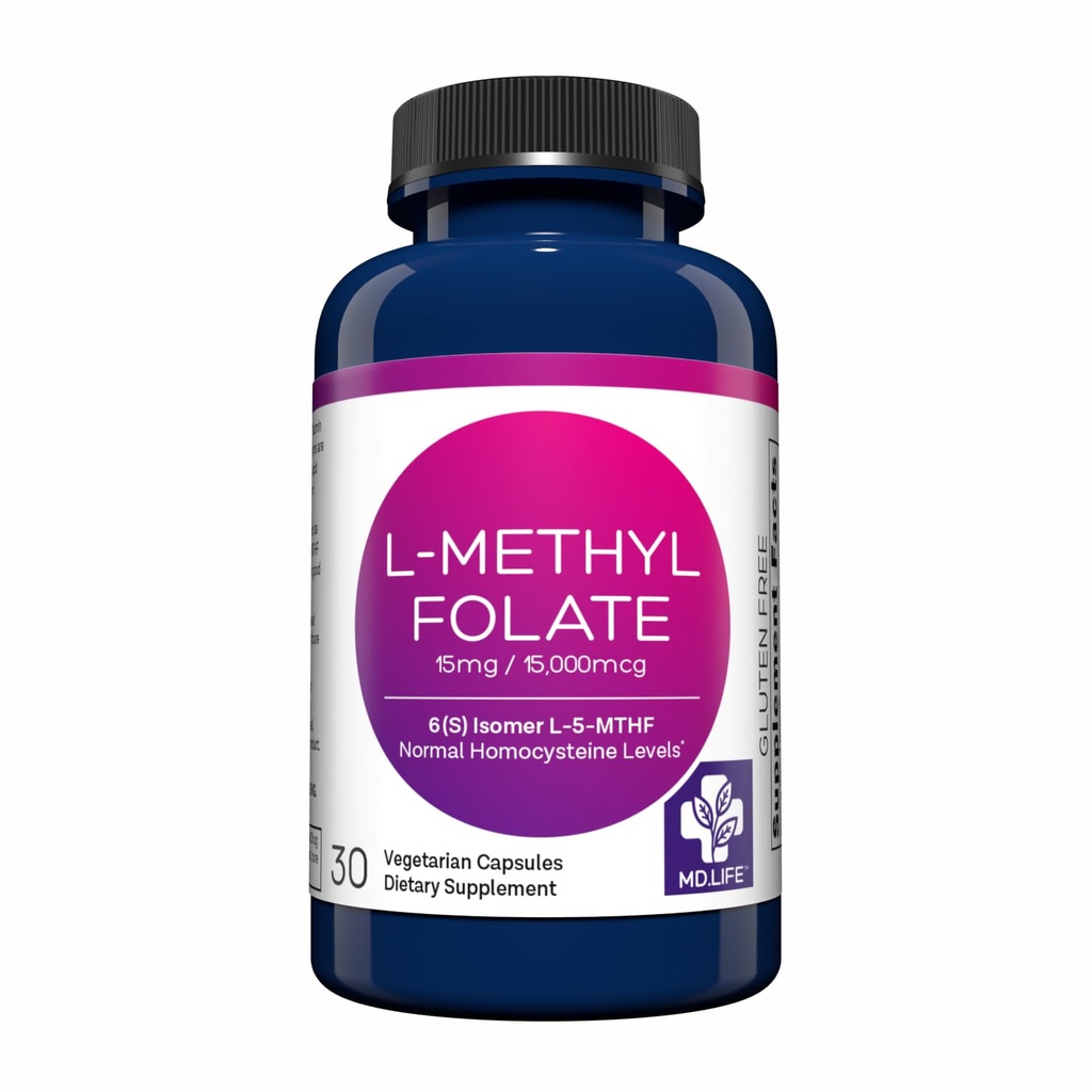 MD Life L- Methylfolát 15 mg dodatek - Professional- Grade Active L Methylfolát Dodatek - 30 Kapsle - L- Methylfolát 15 mg - Maximální potence MTHFR W / Essential Amino Acids