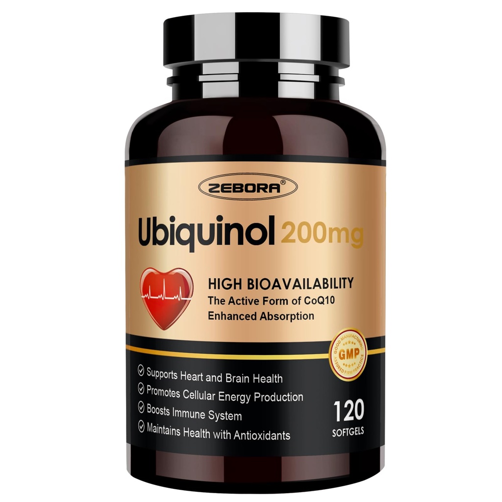 Zebora Ubiquinol CoQ10 200mg Softgels, 4- in-1 Výkonný antioxidant pro srdce a cévní zdraví, esenciální pro výrobu energie, Max Absorpce Aktivní forma CoQ10, 120 Softgels