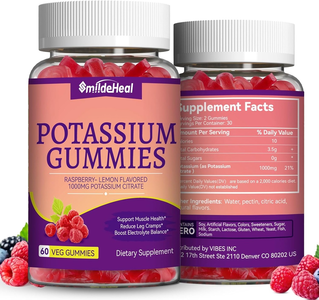 2 Pack Potassium Supplement Gummies 1000mg, Potassium Gummies for Adults, Support Leg Cramps & Muscle Health - Vegan, Non-GMO,120 Count
