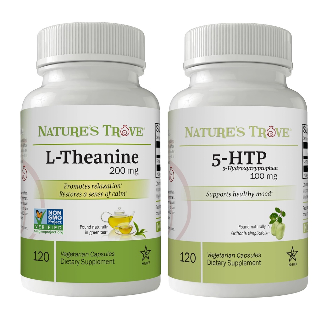 Nature 's Trovee L- Theanine 200mg 120 Vegetariánských kapslí & 5- HTP 100mg 120 Vegetariánských kapslí - klid a zdravé nálady
