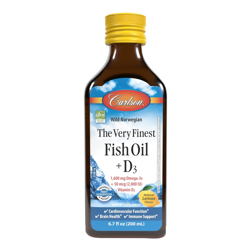 Carlson - Nejjemnější rybí olej + D3, 1600 mg Omega-3s, 50 mcg (2000 IU) Vitamin D3, tekutý rybí olej a D3 dodatek, norský, volně žijící ulovený, udržitelně sourced, Lemon, 200 ml (6.7 Fl Oz)